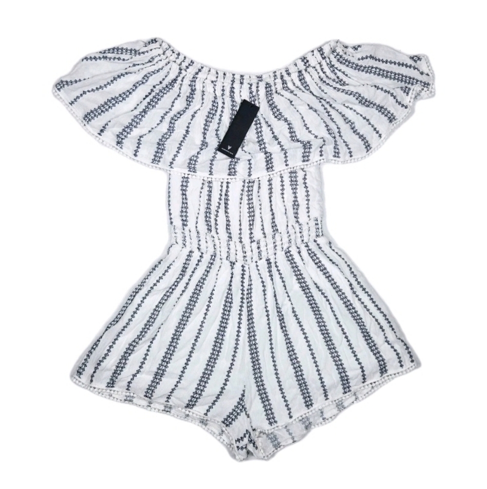 New Lulus See Ya There White Print Off-the-Shoulder Romper Women's XS Boho